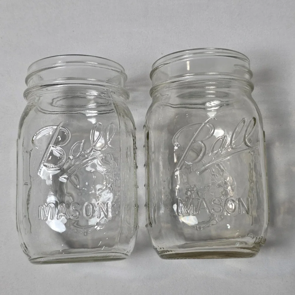 Ball Mason Jar 12oz Clear Embossed Fruit Harvest Glass Set of 2